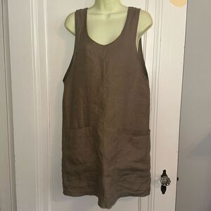 Vintage 80s/90s What’s Up tan/brown linen tank dress with large front pockets